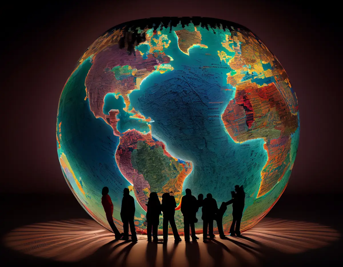 A group of people standing around a large globe with a map