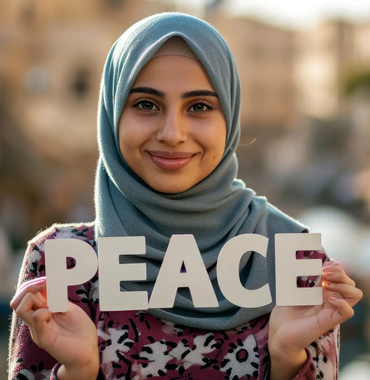 Generated Arabian woman hold peace cardboard in the city