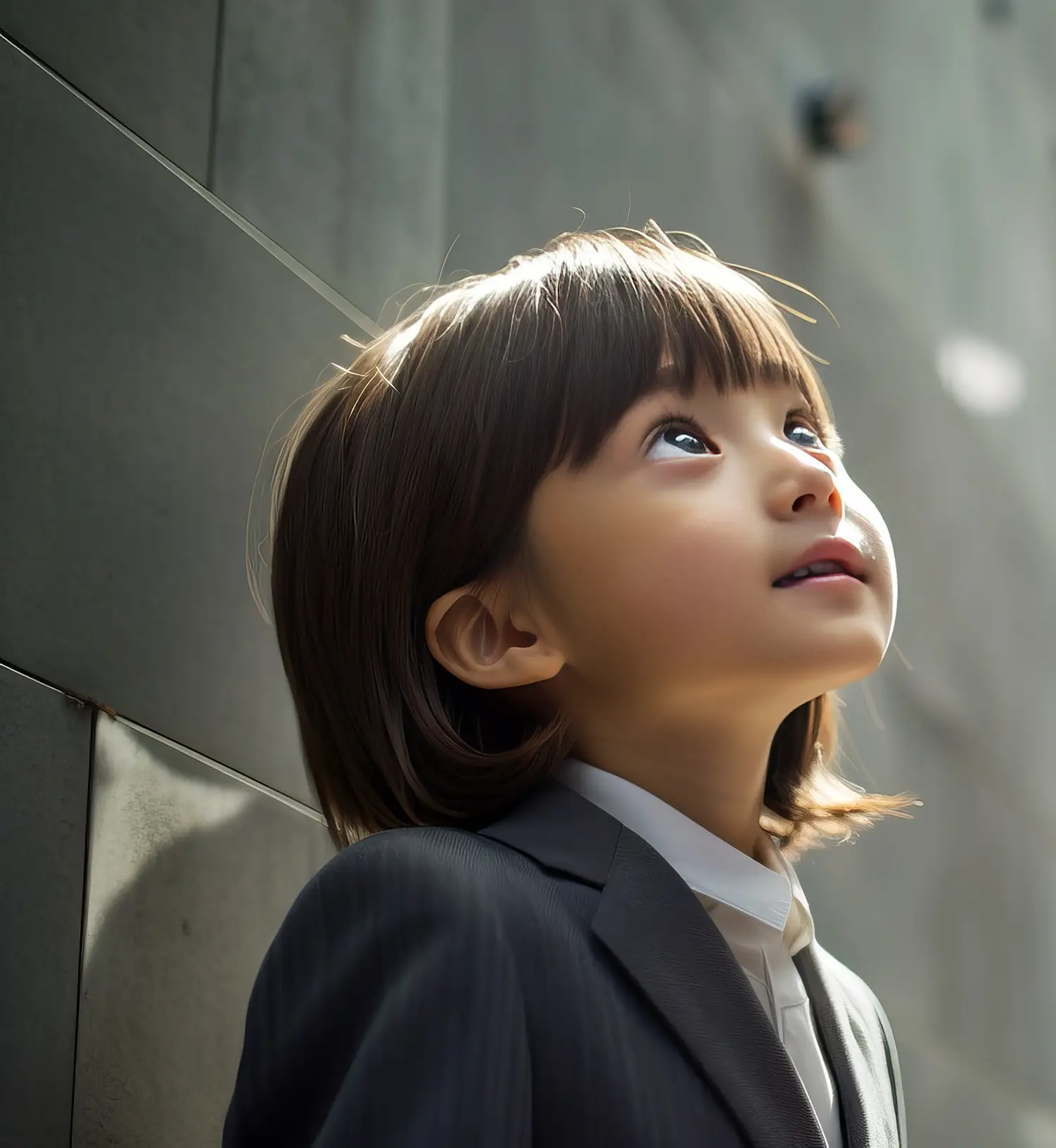 A little girl gazing up at the wall
